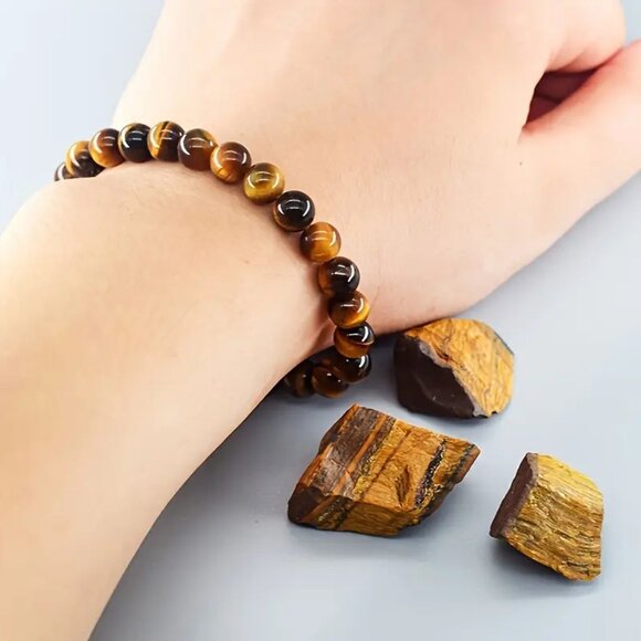 Yellow Tiger Eye Stone Bead Stretch Bracelet Natural Stone Yellow Brown New - Picture 2 of 9